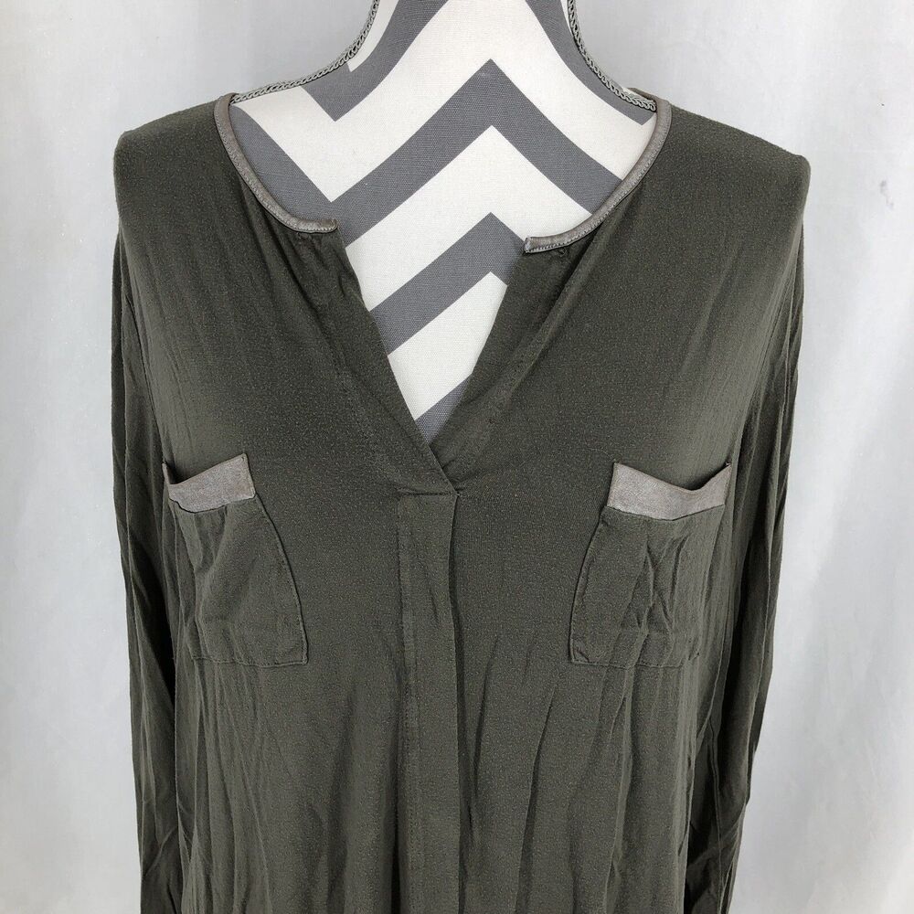 Maurices Olive Green Long Sleeve V-neck Satin Trim Pocket T Shirt 0 XL